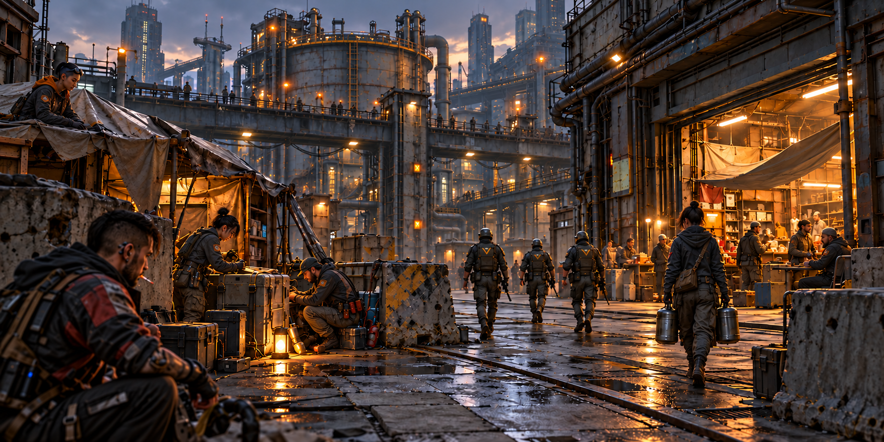 Corporate patrols move through the Lower Ward while residents repair shelters beside a warm cargo-bay market