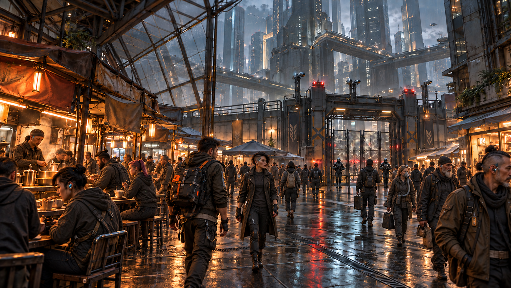 Commuters and augmented runners share a covered market beneath corporate towers, with an armed checkpoint beyond
